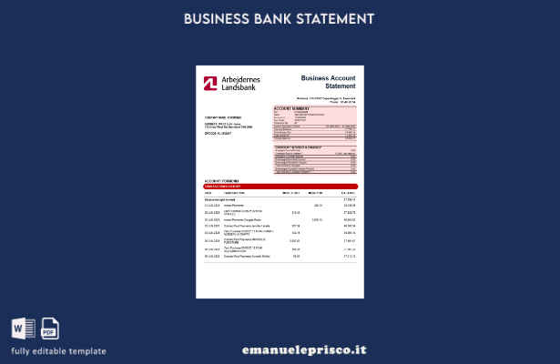 stile verificato Modello Word e PDF dell'estratto conto aziendale di Arbejdernes
